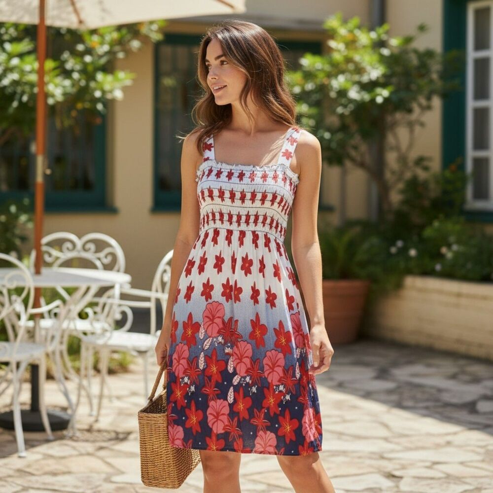 Docele Dress Women's White Floral Summer Sundress Smocked Sleeveless Midi #353